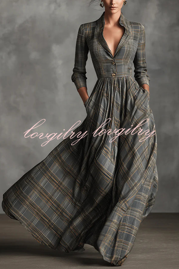 Plaid Print Long Sleeve Slim Fit Casual Pocket Maxi Dress