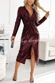 Coralia Sequin V-neck Long Sleeve Twist Waist Front Slit Midi Dress
