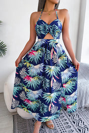 Plant Print Halter Neck Hollow Holiday Beach Midi Dress