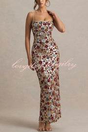 The Center of Attention Floral Print Sequin Square Neck Slip Stretch Maxi Dress