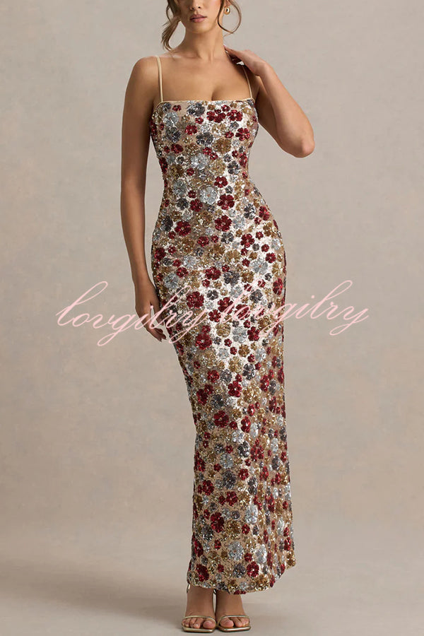 The Center of Attention Floral Print Sequin Square Neck Slip Stretch Maxi Dress