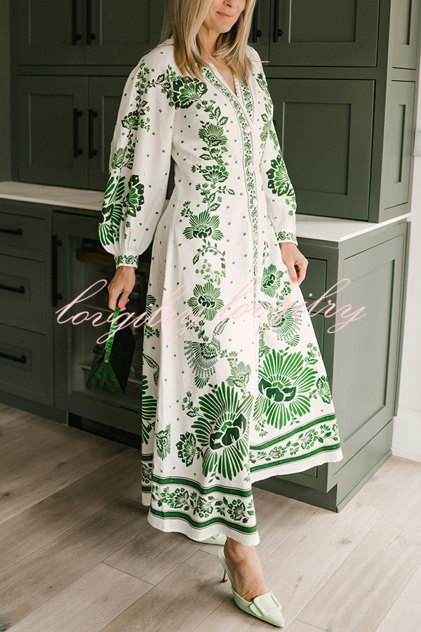 Forest Soul Unique Print Button Down Long Sleeve Shirt Maxi Dress