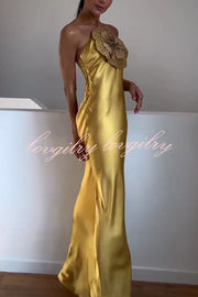 Fashionable Beaded Large Flower Decoration Halter Neck Backless Maxi Dress