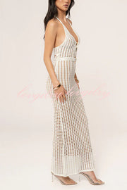 Ocean Dream Crochet Knit Golden Decoration Halter Stretch Maxi Dress