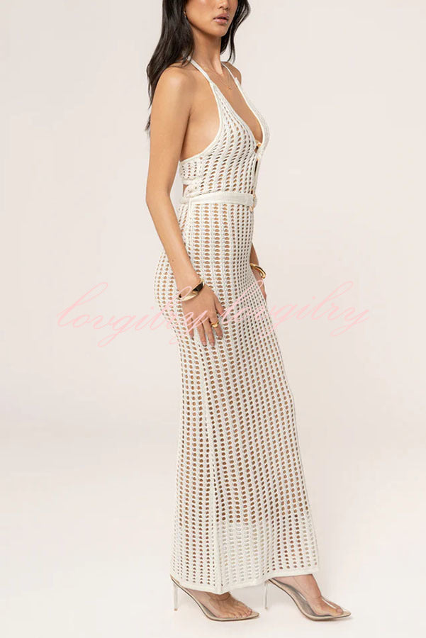 Ocean Dream Crochet Knit Golden Decoration Halter Stretch Maxi Dress