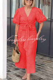 Linen Blend Solid Color V-Neck Tie Puff Sleeve Casual Maxi Dress