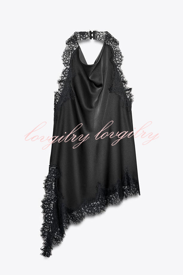Dolly Satin Lace Trim Halter Cowl Neck Asymmetric Hem Tank