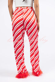 Christmas Party Striped Print Pocket Feather Elastic Waist Pajama Set