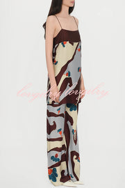 Loving Views Satin Unique Print a-line Tank and Elastic Waist Loose Pants Set