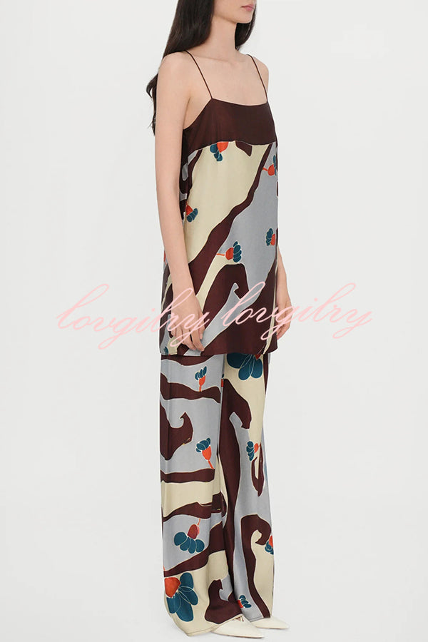Loving Views Satin Unique Print a-line Tank and Elastic Waist Loose Pants Set