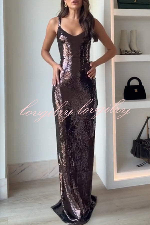 Dazzling Like Flowing Water Sequin V-neck Back Zipper Slit Maxi Dress