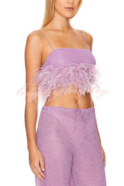 Music Carnival Glitter Stretch Fabric Feather Trim Tank and Elastic Waisted Flared Pants Set