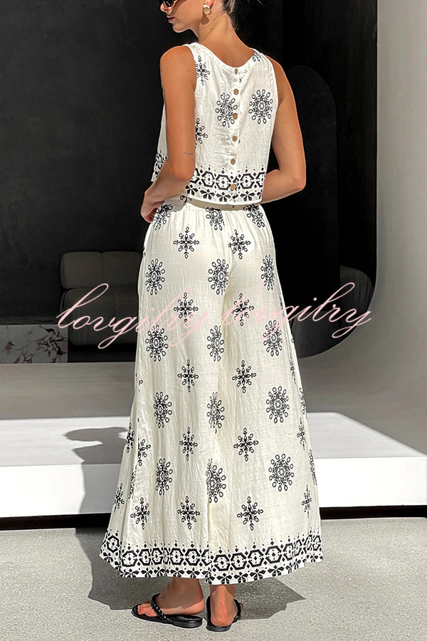 Unique Printed Round Neck Sleeveless Button Top and Elastic Waist Pocket Wide Leg Pants Set