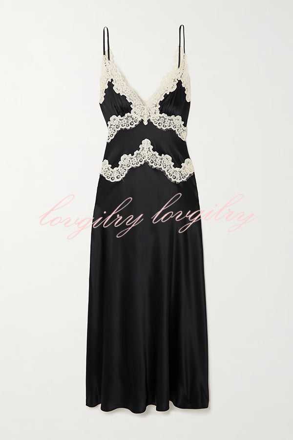 Dreaming of You Contrast Color Satin Lace Trim Back Tie-up Slip Midi Dress