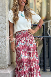 Resort Style Unique Print Pleated Elastic Waist Maxi Skirt