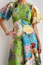 Floral Print Round Neck Puff Sleeve Casual Midi Dress