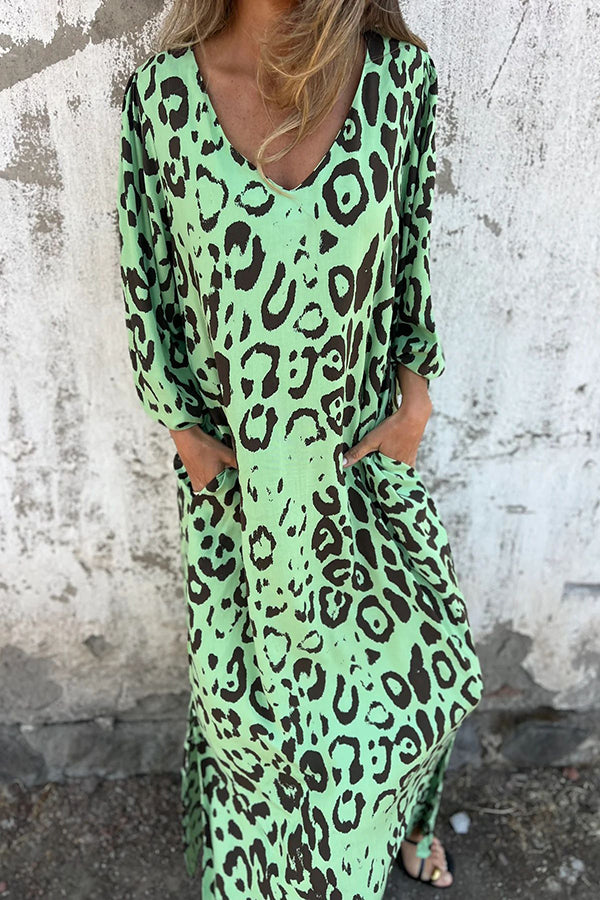 Leopard Print Loose V-neck Pocket Holiday Style Maxi Dress