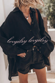 Go To The Beach Linen Blend Pocketed Long Sleeve Oversized Shirt