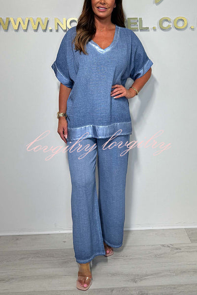Fashionable V-neck Short-sleeved Loose Top and Elastic Waist Casual Wide-leg Pants Set