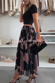 Colorblock Print Elastic Waist Relaxed Tulle Maxi Skirt