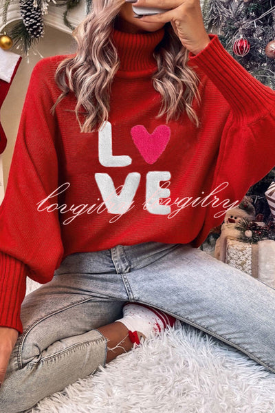 Happy Holidays Contrast Love Letter Turtle Neck Bat Sleeve Sweater