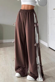 Fashion Elastic Waist Side Bow Casual Straight Wide-leg Pants
