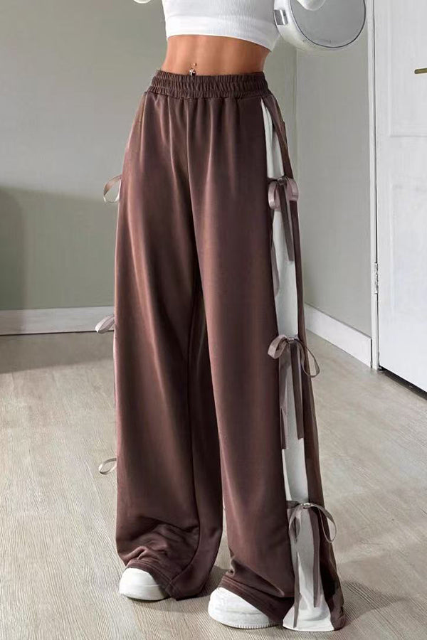Fashion Elastic Waist Side Bow Casual Straight Wide-leg Pants