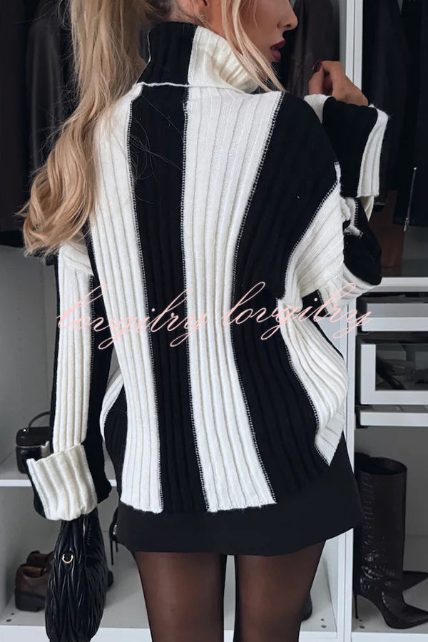 Comfort and Warmth Knit Color Block Long Sleeve Turtleneck Sweater