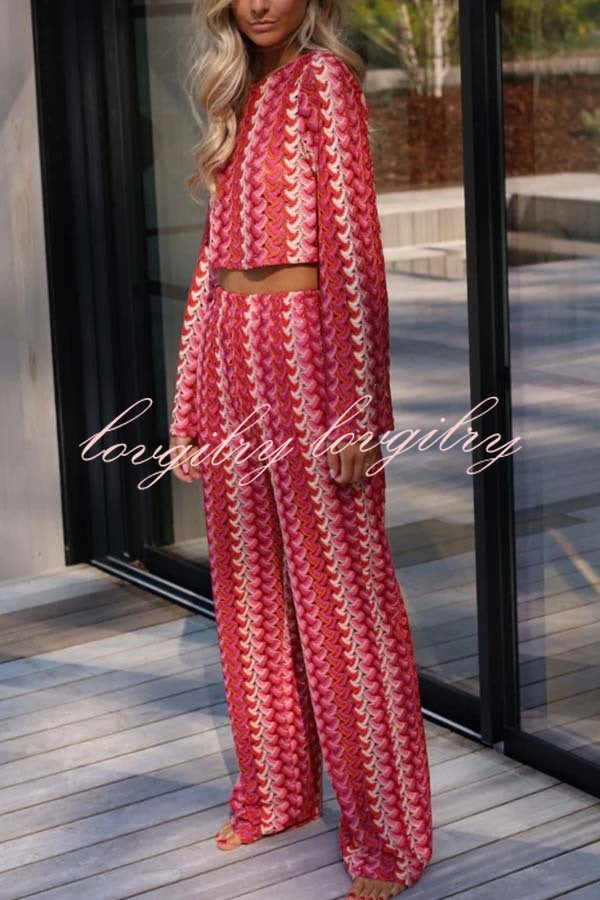 Tamia Knit Colorful Wave Unique Print Crop Top and Stretch Wide Leg Pants Set