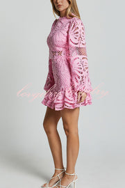 Solid Color Hollow Long-sleeved Waisted Lace Mini Dress