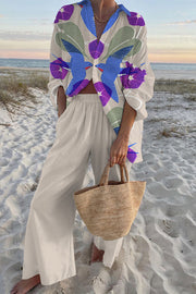 Swallow Print Oversized Shirt and Elastic Waist Pocket Pants Set