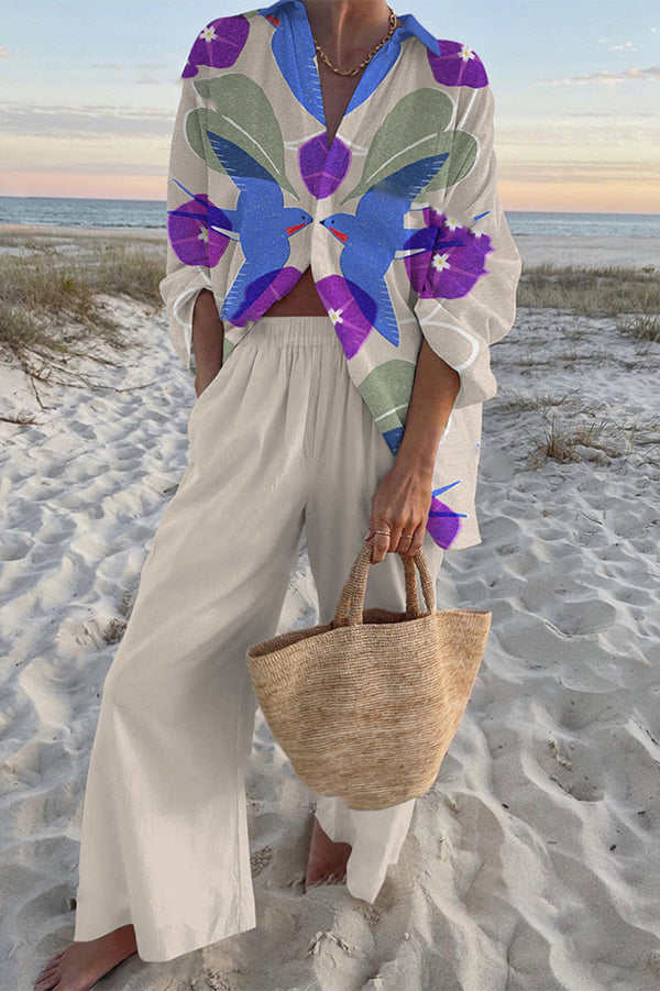 Swallow Print Oversized Shirt and Elastic Waist Pocket Pants Set