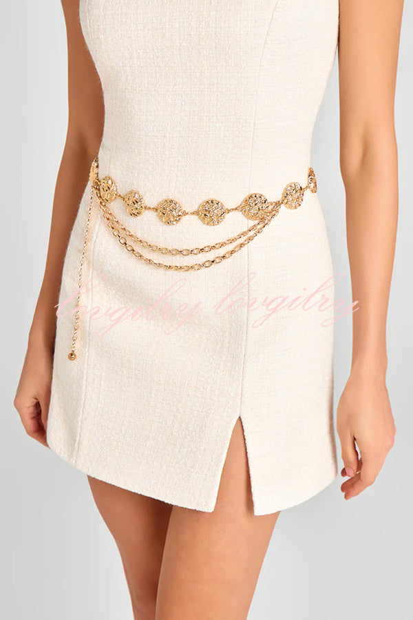 Timeless Exquisite Tweed Fabric Metal Coin Chain Detail Slip Mini Dress