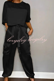 Calissa Smooth Satin Half-sleeved Top and Elastic Waist Pocket Pants Set