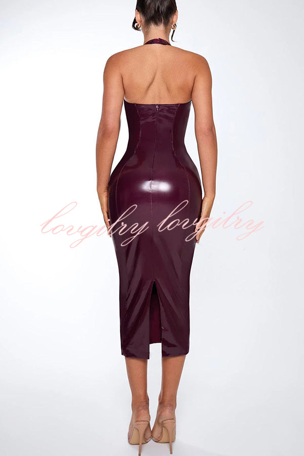 Fantasy Silhouette Shiny Faux Leather Halter Neck Stretch Midi Dress