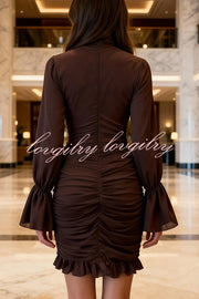 Sexy See-through Tulle High-neck Waist Pleated Ruffle Mini Dress