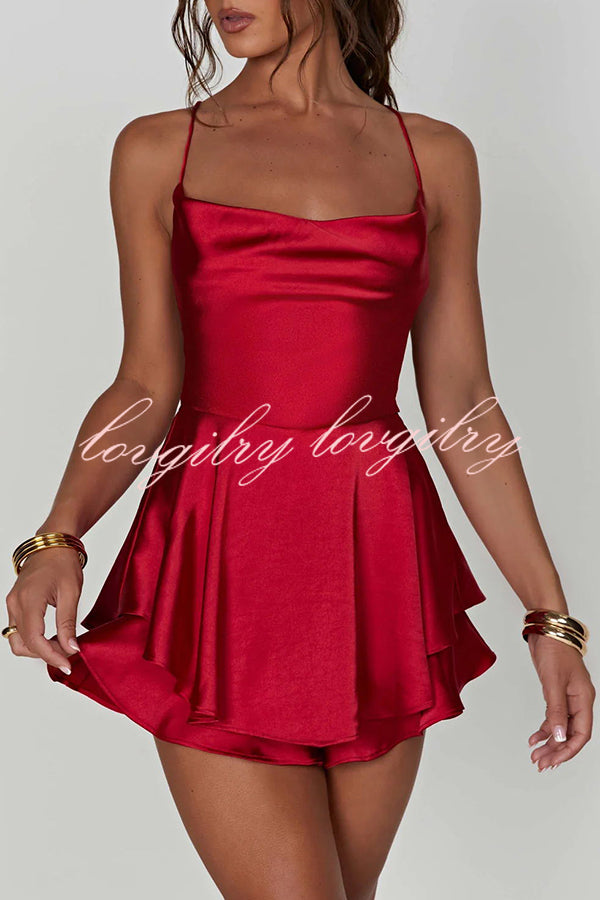 Ruffled Elegant Satin Strappy Satin Backless Lace Up Mini Dress