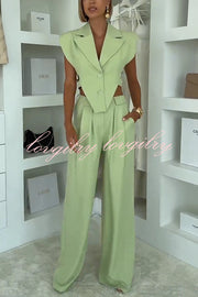 Fashion Style Lapel Waist-baring Irregular Vest and  Elastic Waist Pocket Loose Pants Set