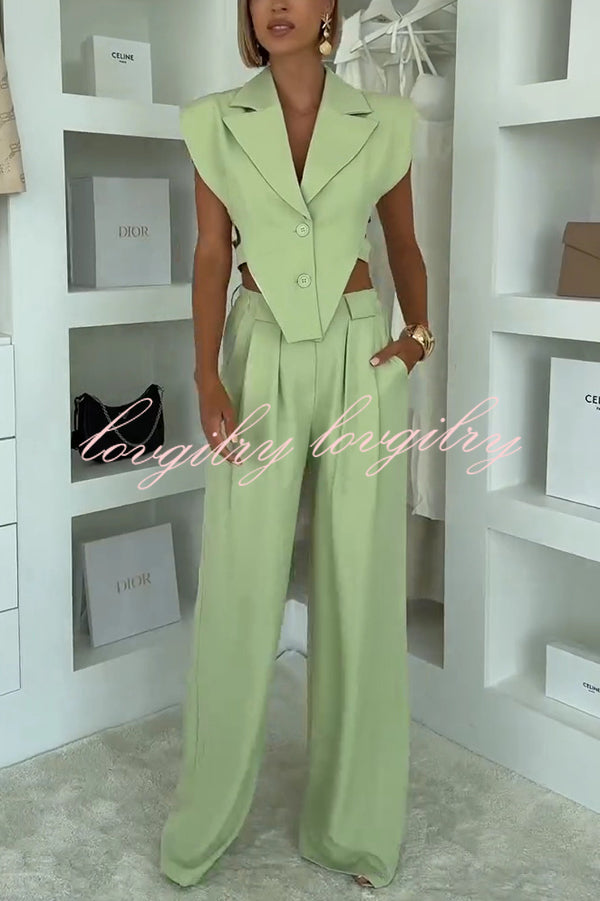 Fashion Style Lapel Waist-baring Irregular Vest and  Elastic Waist Pocket Loose Pants Set