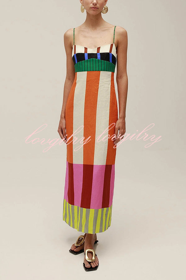 Beach Moment Linen Blend Unique Color Block Slip Maxi Dress