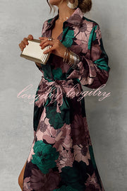 Floral Print Lapel Waisted Lace-up Long-sleeve Maxi Dress