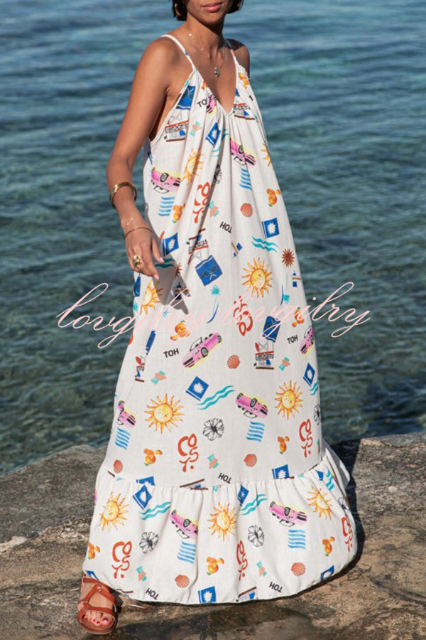 Marisol Linen Blend Unique Print A-line Slip Loose Maxi Dress