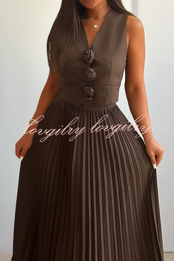 Stylish Rosette Sleeveless Tank Top and Pleated Maxi Skirt Set