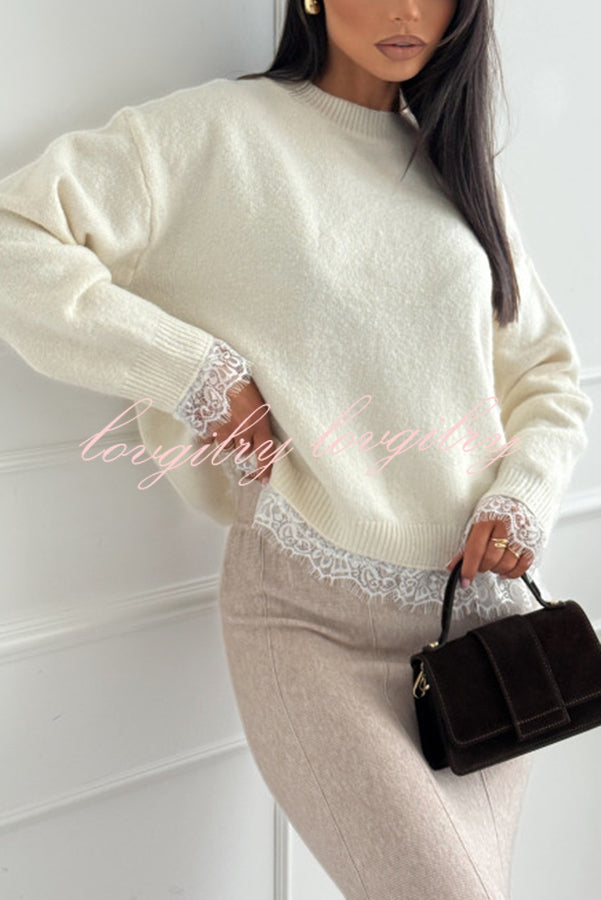 Caitlin Knit Lace Trim Patchwork Long Sleeve Back Slit Relaxed Sweater