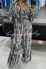 Striped Print V-Neck Lace-Up Casual Wide-Leg Jumpsuit