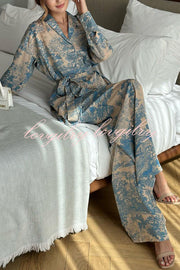 Unique Print Long-sleeved Tie Shirt and Elastic High-waist Wide-leg Pants Set