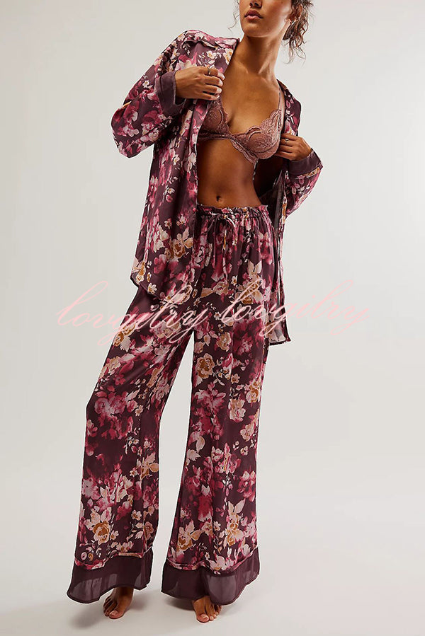 Unique Printed Lounge Long-sleeved Shirt and Elastic Waisted Baggy Pants Set