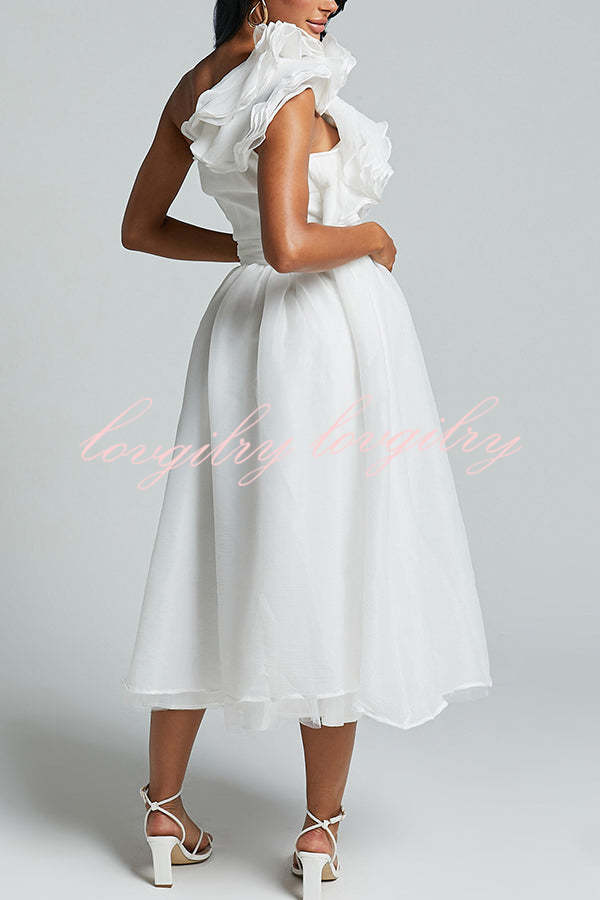 Romantic Seaside One Shoulder Frill Detail Sleeve Layered Midi Dress