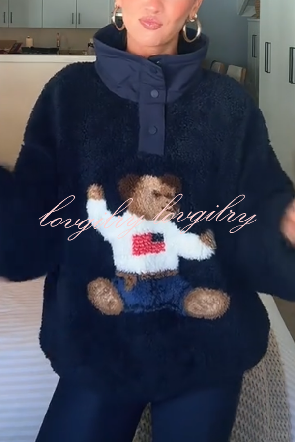 American Retro Polo Bear Pattern Stand Button Neck Long Sleeve Fleece Pullover