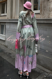 Karty Satin Unique Print Long Sleeve Belt Lapel Kimono Cover-ups